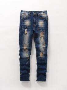 Tween Boy復古破洞加重水洗牛仔褲，帶彈力