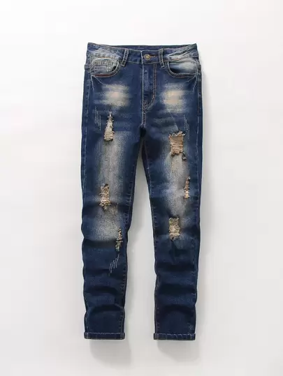 Tween Boy復古破洞加重水洗牛仔褲，帶彈力