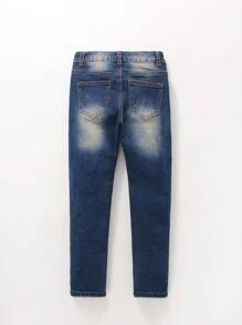 Tween Boy復古破洞加重水洗牛仔褲，帶彈力