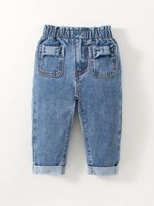 嬰兒紙袋腰蝴蝶結口袋反摺褲腳牛仔褲 - 中等水洗藍 - 查看 1