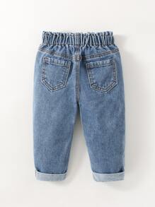嬰兒紙袋腰蝴蝶結口袋反摺褲腳牛仔褲 - 中等水洗藍 - 查看 2
