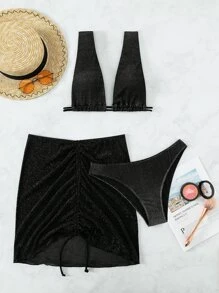 Sparkly Glitter Drawstring Summer Beach Bikini Set With Beach Skirt - Black - View 4