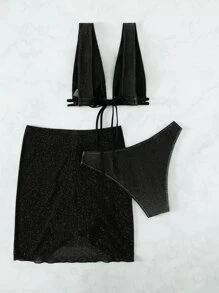 Sparkly Glitter Drawstring Summer Beach Bikini Set With Beach Skirt - Black - View 5