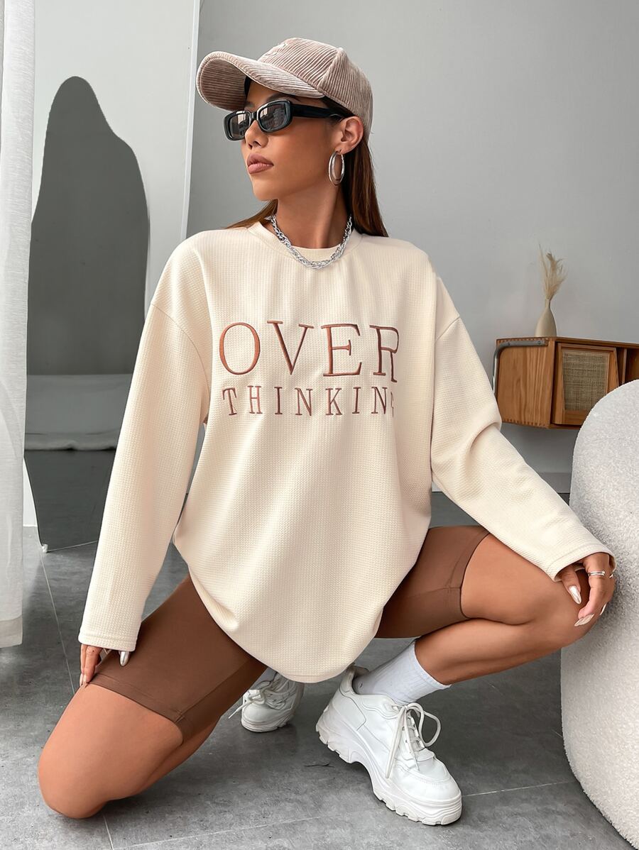 Muchica Letter Embroidery Drop Shoulder Oversized Tee - Beige - View 1