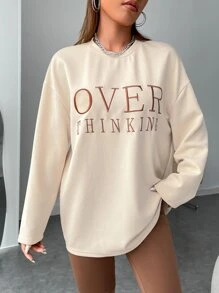 Muchica Letter Embroidery Drop Shoulder Oversized Tee - Beige - View 3