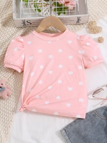 SHEIN Toddler Girls Heart Print Puff Sleeve Tee - Pink - View 1