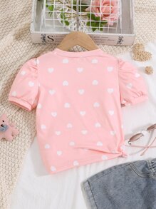 SHEIN Toddler Girls Heart Print Puff Sleeve Tee - Pink - View 2