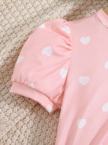 SHEIN Toddler Girls Heart Print Puff Sleeve Tee - Pink - View 4