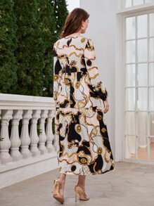 Modelyn Chain Print Button Front Lantern Sleeve Dress Without Belt - Multicolor - View 2