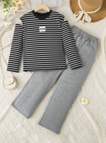 Girls Striped Print Letter Patched Cold Shoulder Tee & Joggers - Multicolor - View 1