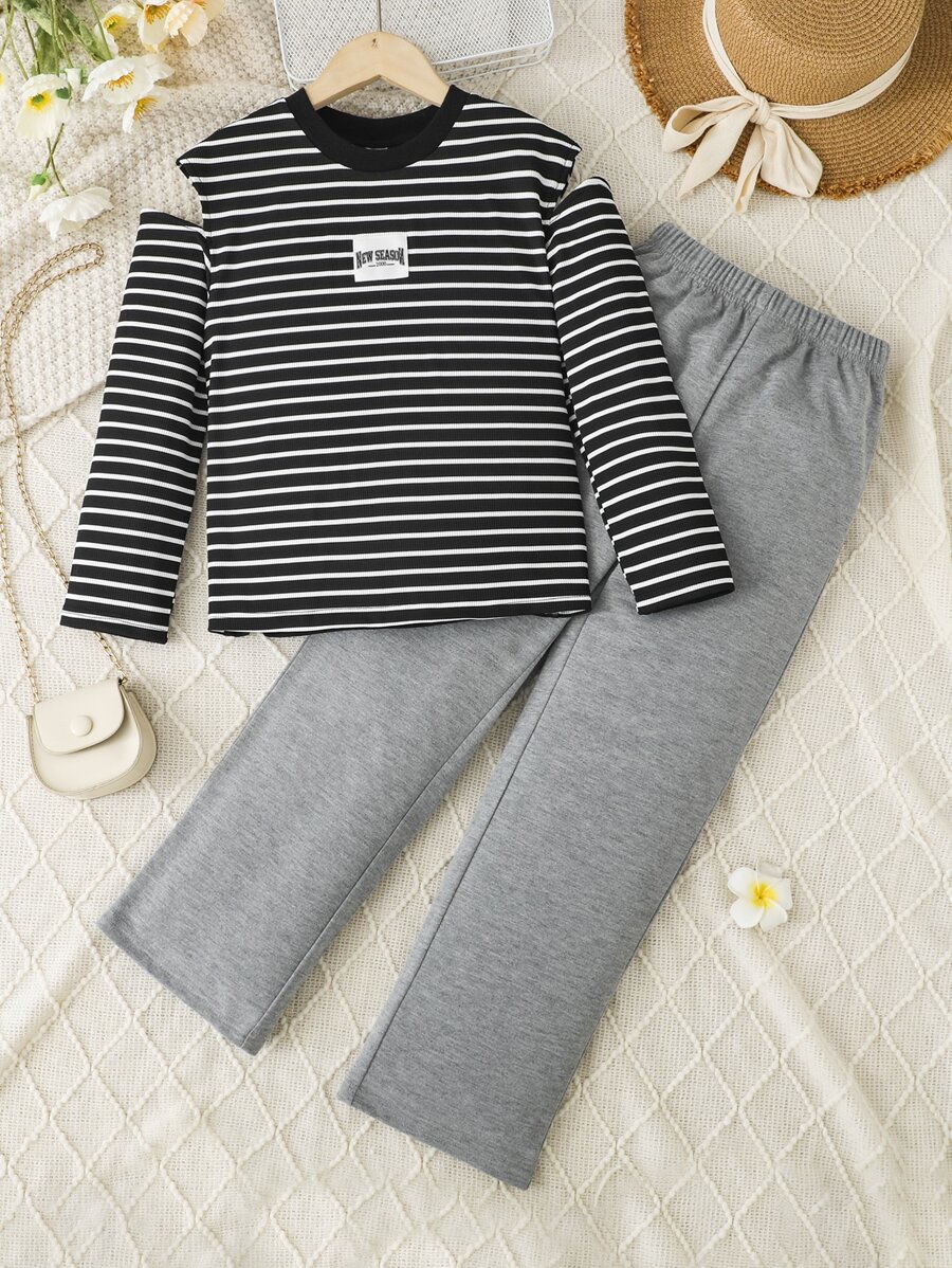 Girls Striped Print Letter Patched Cold Shoulder Tee & Joggers - Multicolor - View 1