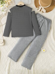 Girls Striped Print Letter Patched Cold Shoulder Tee & Joggers - Multicolor - View 2