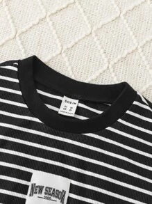 Girls Striped Print Letter Patched Cold Shoulder Tee & Joggers - Multicolor - View 5