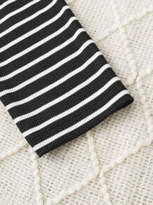 Girls Striped Print Letter Patched Cold Shoulder Tee & Joggers - Multicolor - View 7