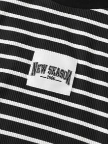 Girls Striped Print Letter Patched Cold Shoulder Tee & Joggers - Multicolor - View 8