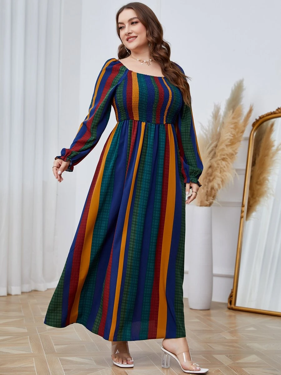 Mulvari Đầm Plus Size Dải chun Khối Màu Boho - Nhiều màu - Xem 1