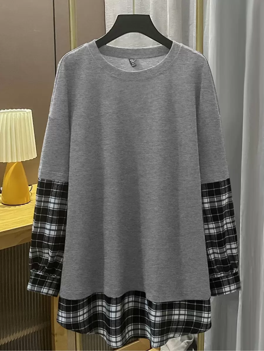 Mulvari Sudadera de cuadros de hombros caídos 2 en 1 - Gris - Ver 1