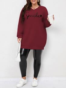 SHEIN LUNE Plus Heart And Letter Graphic Drop Shoulder Sweatshirt - Burgundy - View 3
