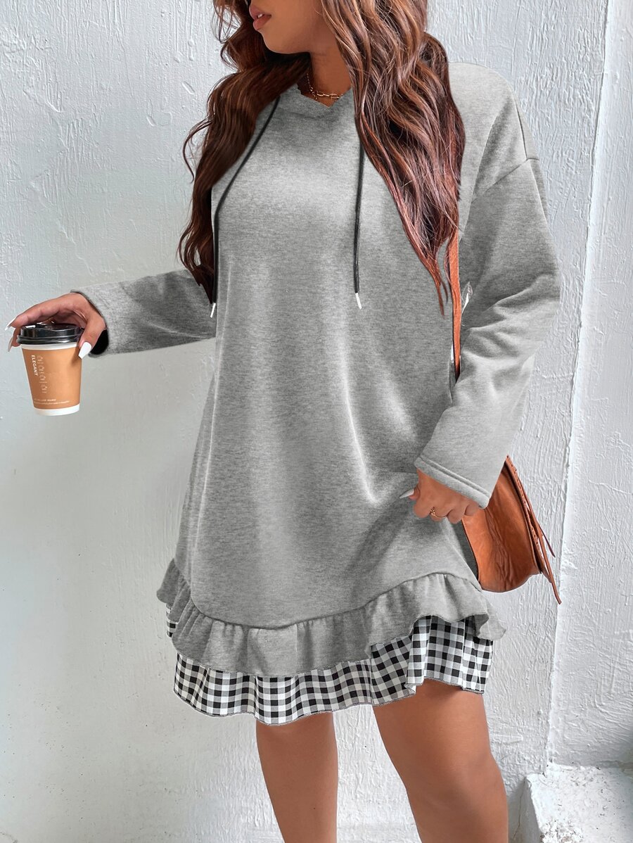 SHEIN LUNE Vestido con capucha con estampado de guingán de hombros caídos bajo con fruncido con cordón