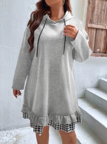 SHEIN LUNE Vestido con capucha con estampado de guingán de hombros caídos bajo con fruncido con cordón