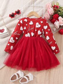 Toddler Girls Heart & Letter Graphic Ruffle Trim Mesh Hem Dress - Red - View 2