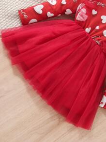 Toddler Girls Heart & Letter Graphic Ruffle Trim Mesh Hem Dress - Red - View 4