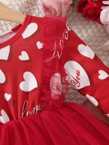 Toddler Girls Heart & Letter Graphic Ruffle Trim Mesh Hem Dress - Red - View 5