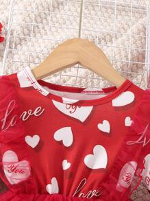 Toddler Girls Heart & Letter Graphic Ruffle Trim Mesh Hem Dress - Red - View 6