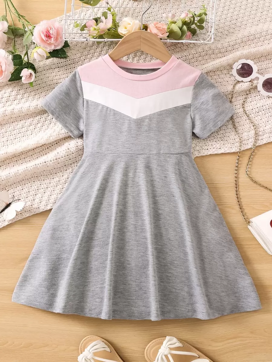 Toddler Girls Colourblock Chevron Print Dress - Light Grey - View 1