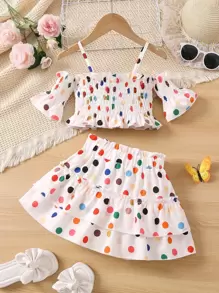 2pcs/Set Young Girls Polka Dot Cold Shoulder Top And Skirt Co-Ord Set - White - View 1