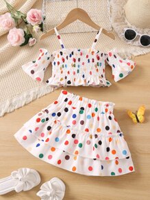 2pcs/Set Young Girls Polka Dot Cold Shoulder Top And Skirt Co-Ord Set - White - View 2