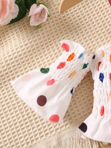 2pcs/Set Young Girls Polka Dot Cold Shoulder Top And Skirt Co-Ord Set - White - View 3