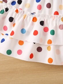 2pcs/Set Young Girls Polka Dot Cold Shoulder Top And Skirt Co-Ord Set - White - View 5