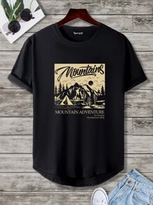 Manfinity Homme Hombres Camiseta con estampado de montaña y letra - Negro - Ver 3