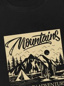 Manfinity Homme Hombres Camiseta con estampado de montaña y letra - Negro - Ver 5