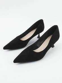 Minimalist Point Toe Heeled Faux Suede Court Pumps - Black - View 3
