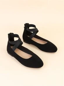 Women Wide Fit Zip Back Faux Suede Ankle Strap Flats - Black - View 5