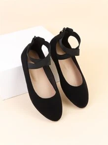 Women Wide Fit Zip Back Faux Suede Ankle Strap Flats - Black - View 7