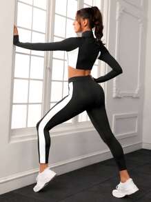 Contrast Panel Zip Up Sports Jacket & Leggings - Black and White - View 2