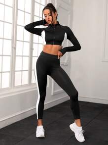 Contrast Panel Zip Up Sports Jacket & Leggings - Black and White - View 4