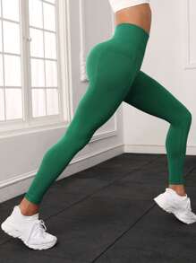 寬腰帶運動打底褲 - 綠色 - 查看 1