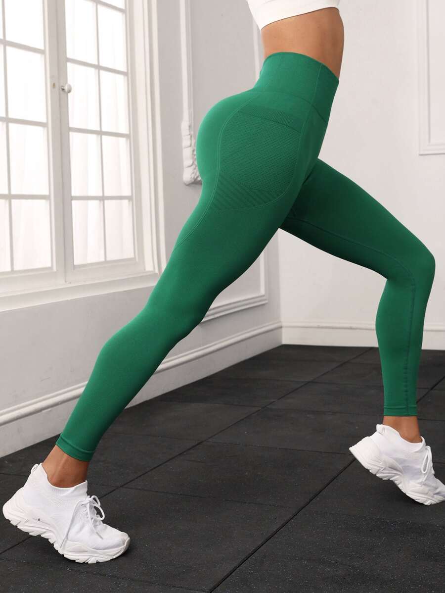 寬腰帶運動打底褲 - 綠色 - 查看 1