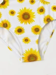 女孩向日葵圖案鏤空連體泳衣附罩衫 - 彩色 - 查看 3