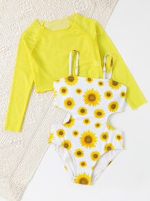 女孩向日葵圖案鏤空連體泳衣附罩衫 - 彩色 - 查看 5