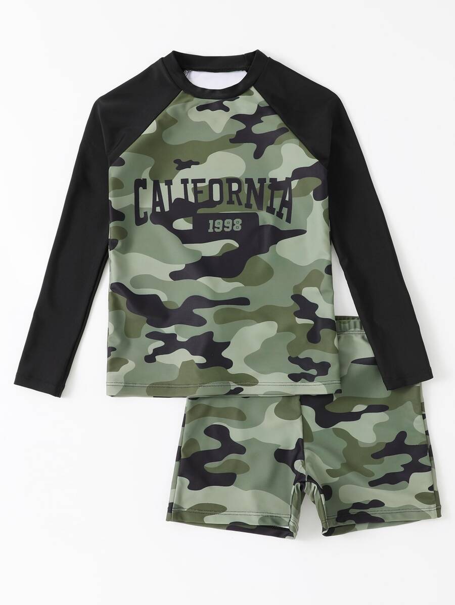 男孩迷彩和字母圖案沙灘泳裝