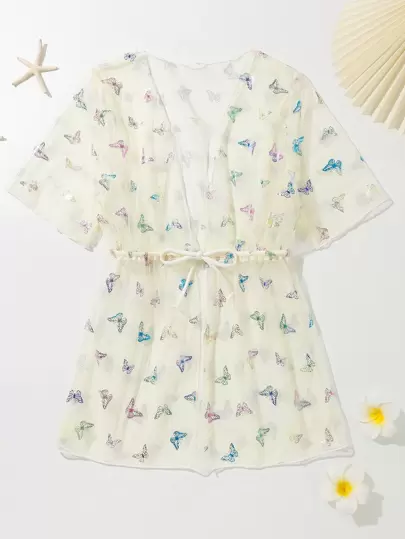 女孩蝴蝶圖案腰部抽繩網紗和服罩衫