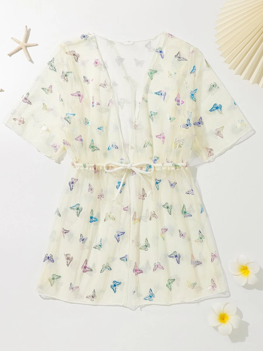 女孩蝴蝶圖案腰部抽繩網紗和服罩衫