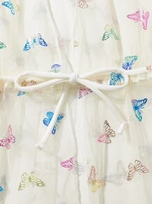 女孩蝴蝶圖案腰部抽繩網紗和服罩衫