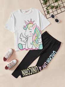 SHEIN 女孩獨角獸印花落肩T恤和標語圖案緊身打底褲 - 黑與白 - 查看 2