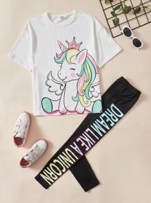 SHEIN 女孩獨角獸印花落肩T恤和標語圖案緊身打底褲 - 黑與白 - 查看 1